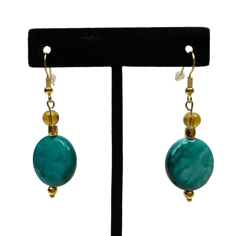 Teal Glass Beaded Dangle Drop Earrings Gold Tone Statement Fashion Jewelry